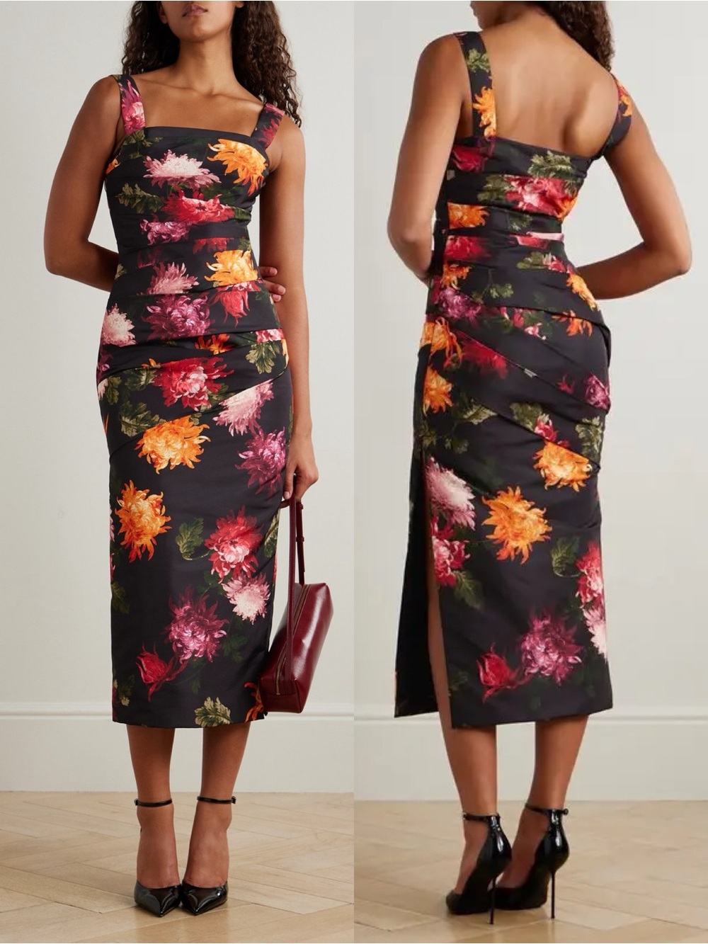 NEW NWT Carolina Herrera Chrysanthemum Print Pleated Faille Midi Dress
